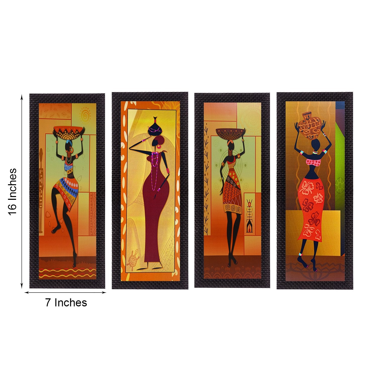 Ecraftindia Tribal Women Uv Art Painting (Synthetic Wood, 71 Cm X 41 Cm, Set Of 4, Satin Matt Texture, C4Fpb2120_A), Multicolo